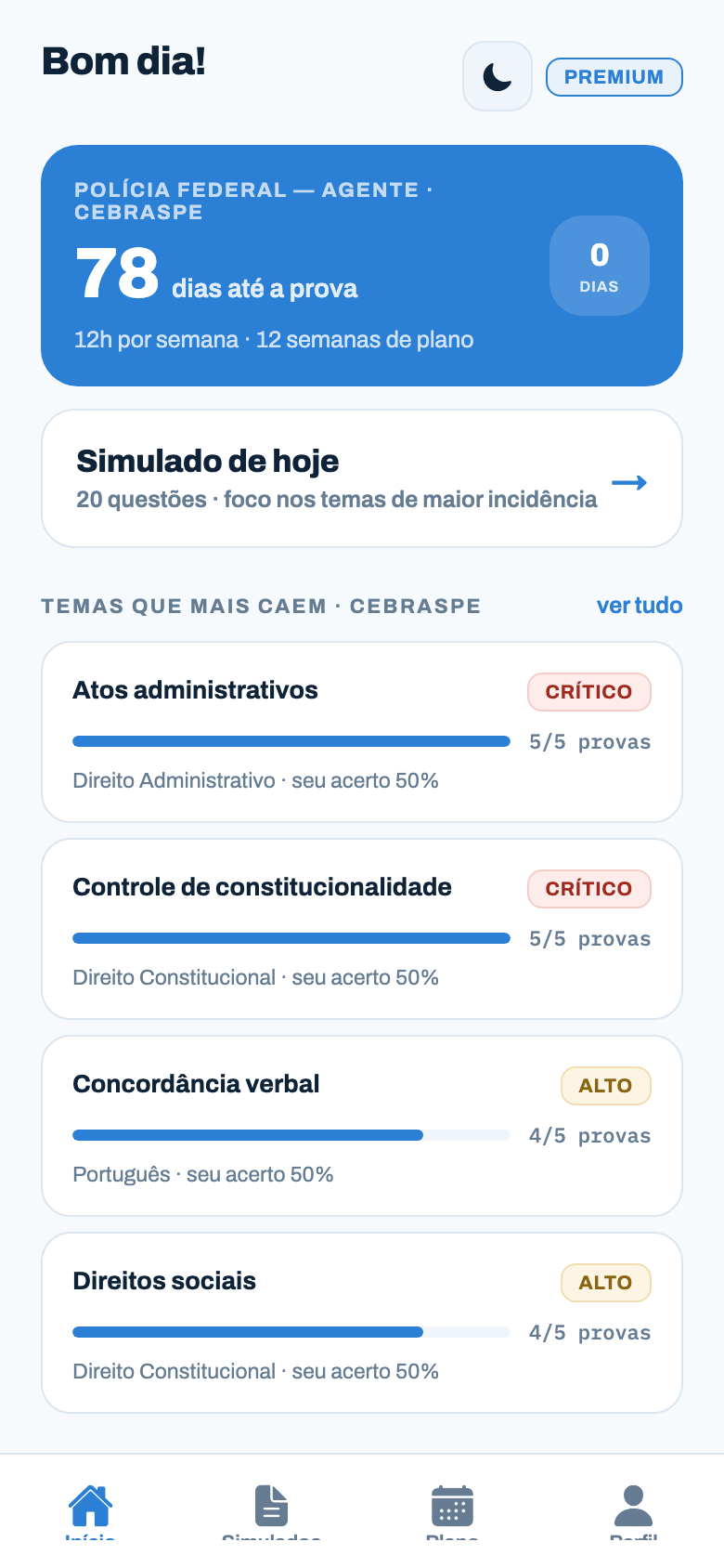 Tela inicial do app com o plano do dia