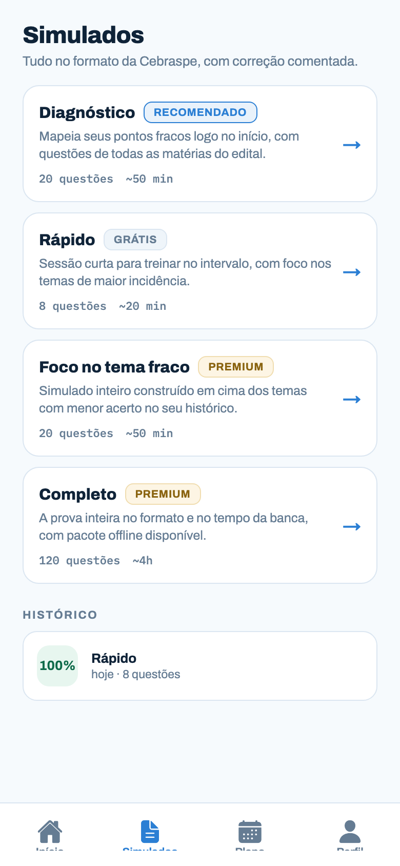 Tela de simulados do app
