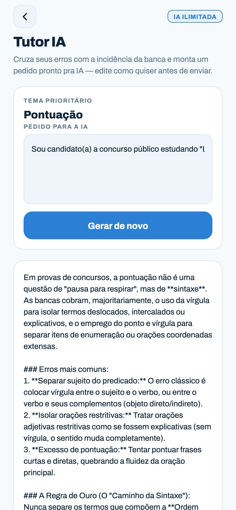 Tela do Tutor com IA do app estuda.app com um resumo de tema